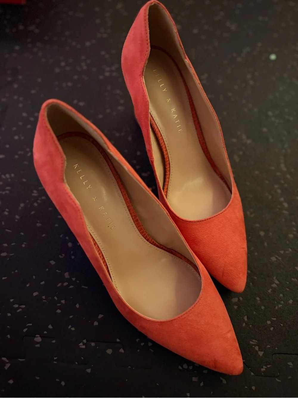 Kelly & Katie Bright Orange Suede Pointed-Toe Block Heels